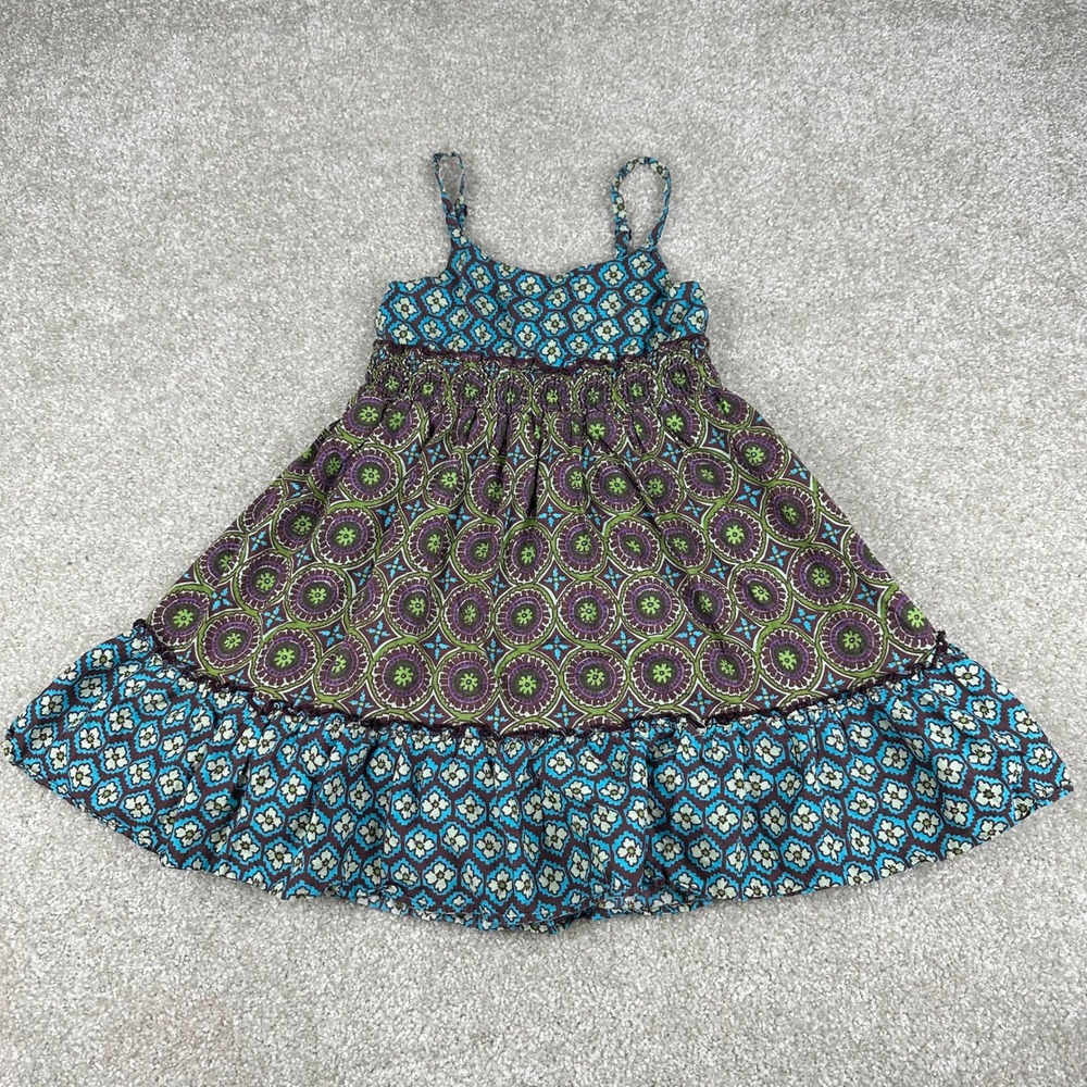 Maggie & Zoe Girls Size 7 Cotton Boho Floral Medallion Smocked Tiered Dress Blue